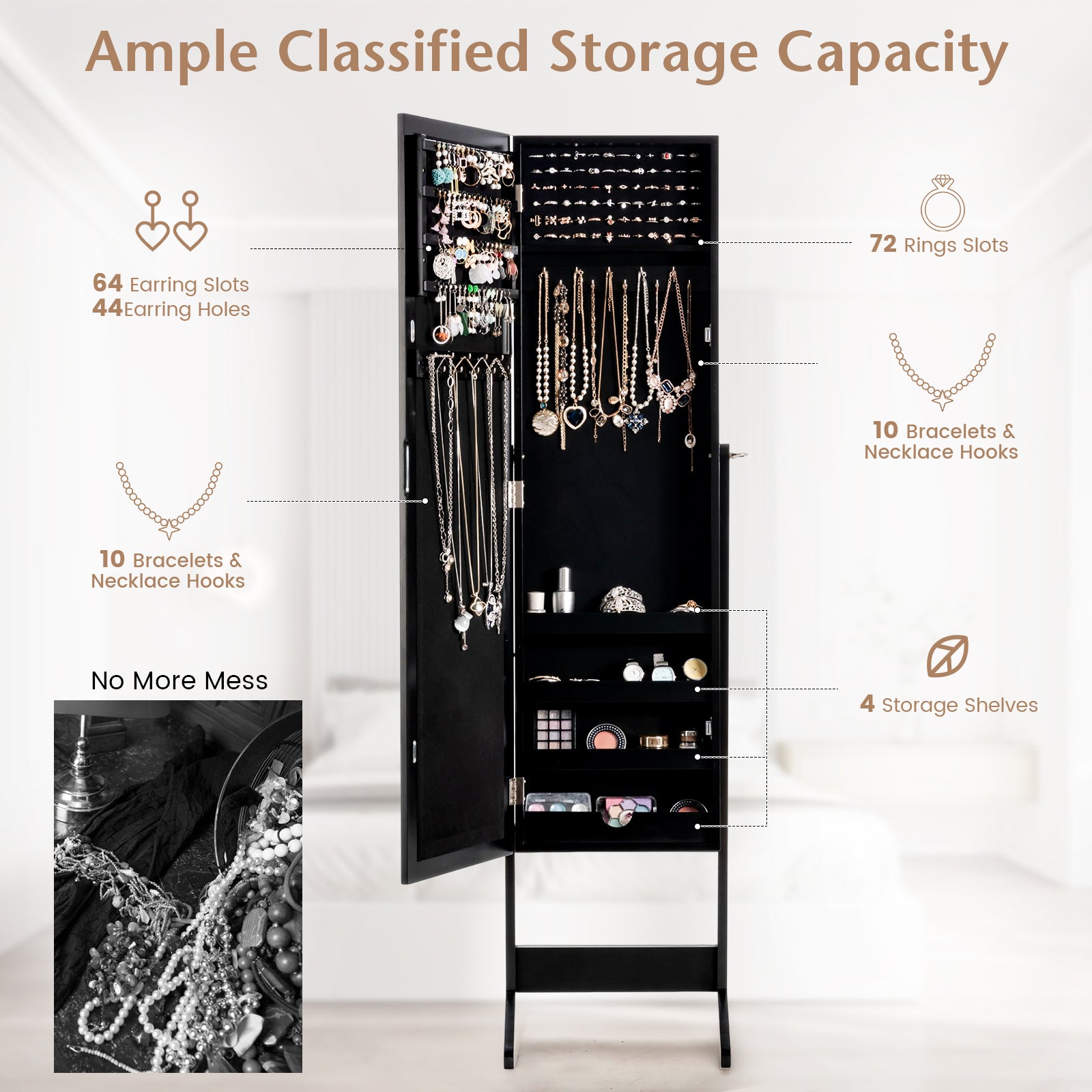Mirrored Jewelry Cabinet Armoire, Mirror Organizer Storage Box With Stand, Black Jewelry Armoires at Gallery Canada