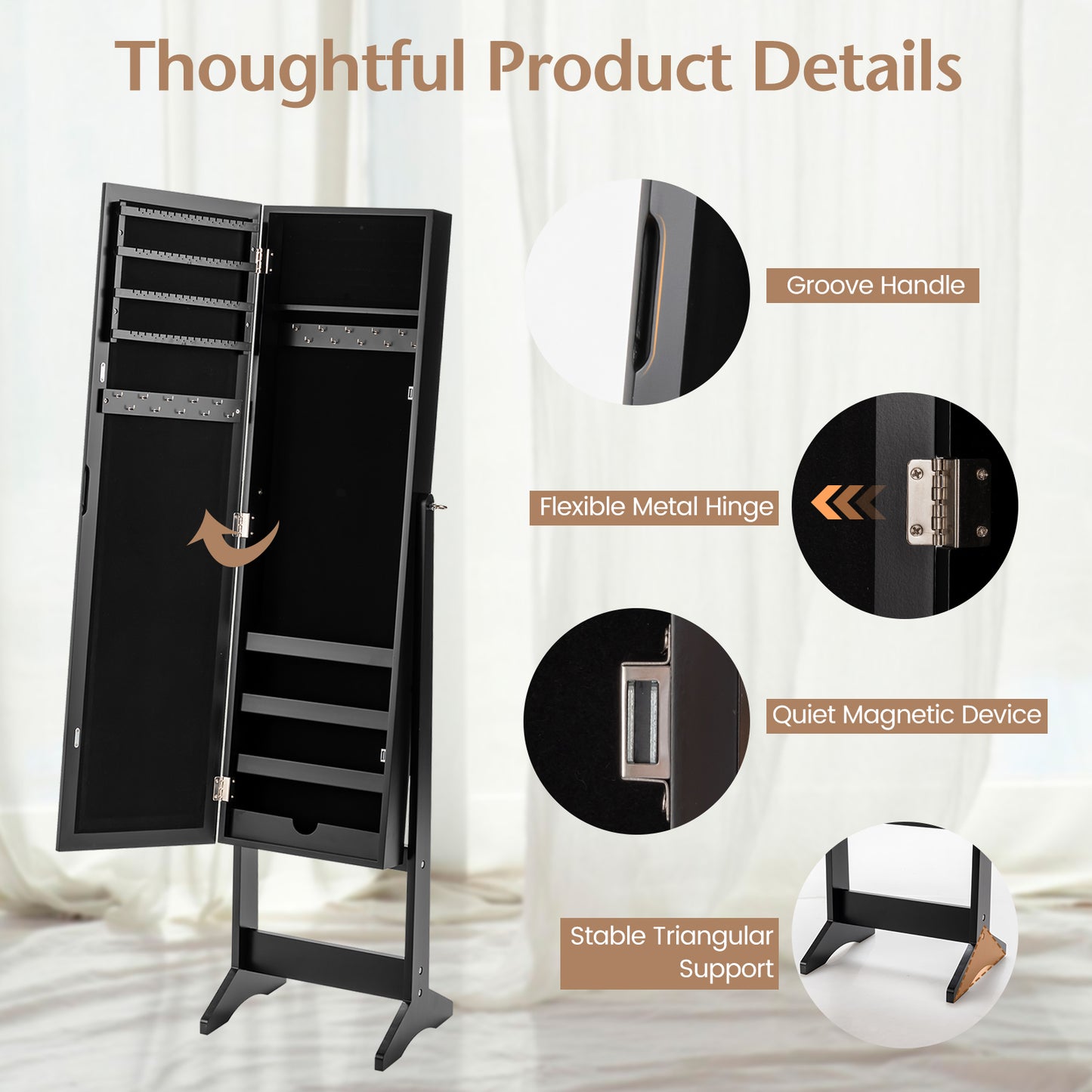 Mirrored Jewelry Cabinet Armoire, Mirror Organizer Storage Box With Stand, Black Jewelry Armoires at Gallery Canada