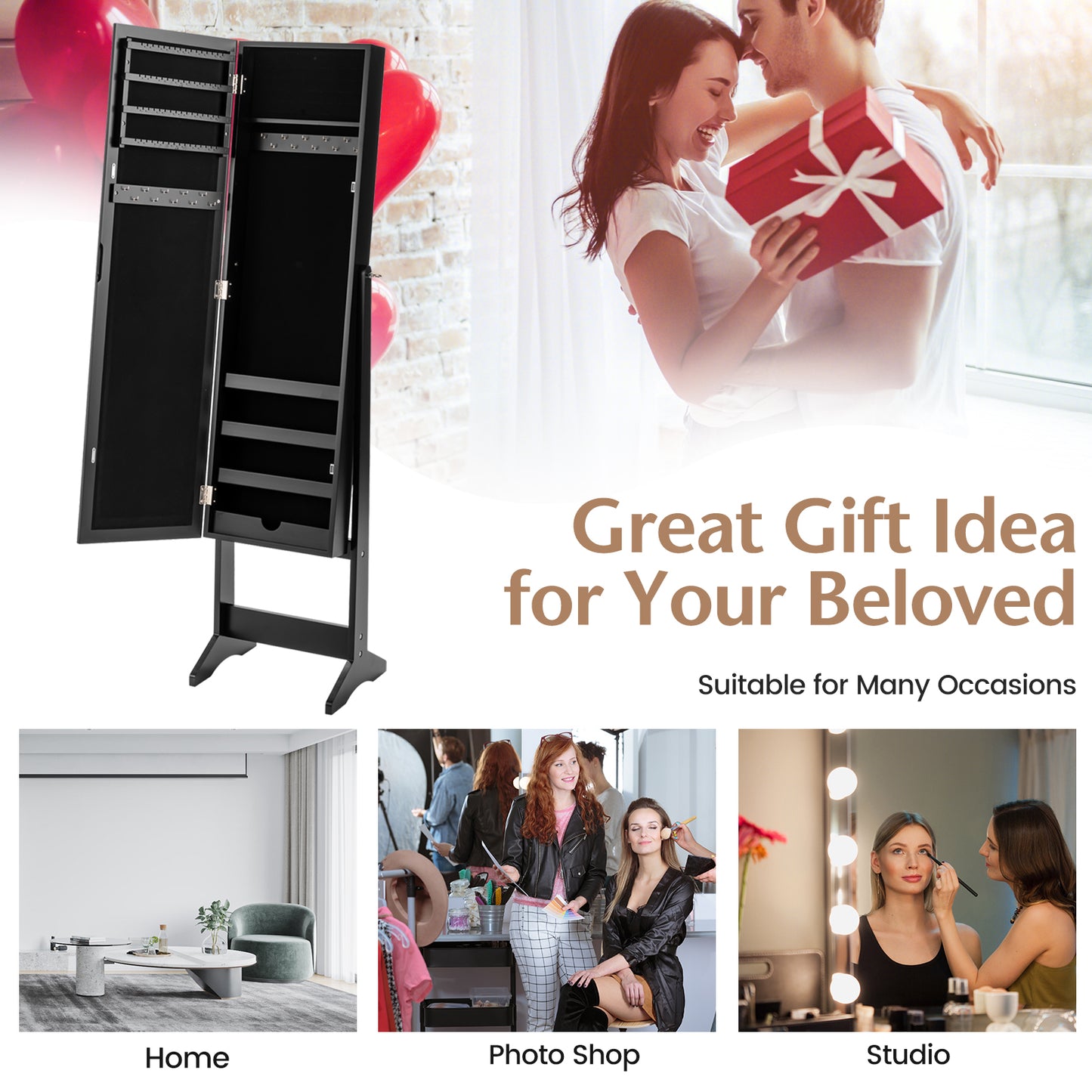 Mirrored Jewelry Cabinet Armoire, Mirror Organizer Storage Box With Stand, Black Jewelry Armoires at Gallery Canada