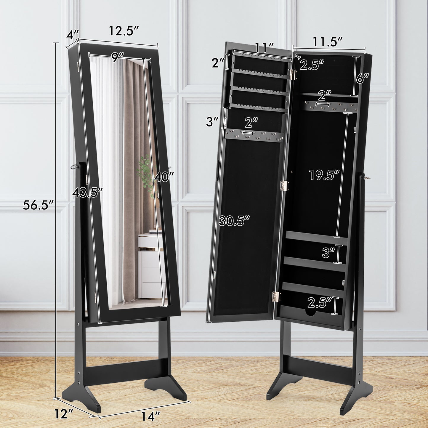 Mirrored Jewelry Cabinet Armoire, Mirror Organizer Storage Box With Stand, Black Jewelry Armoires at Gallery Canada