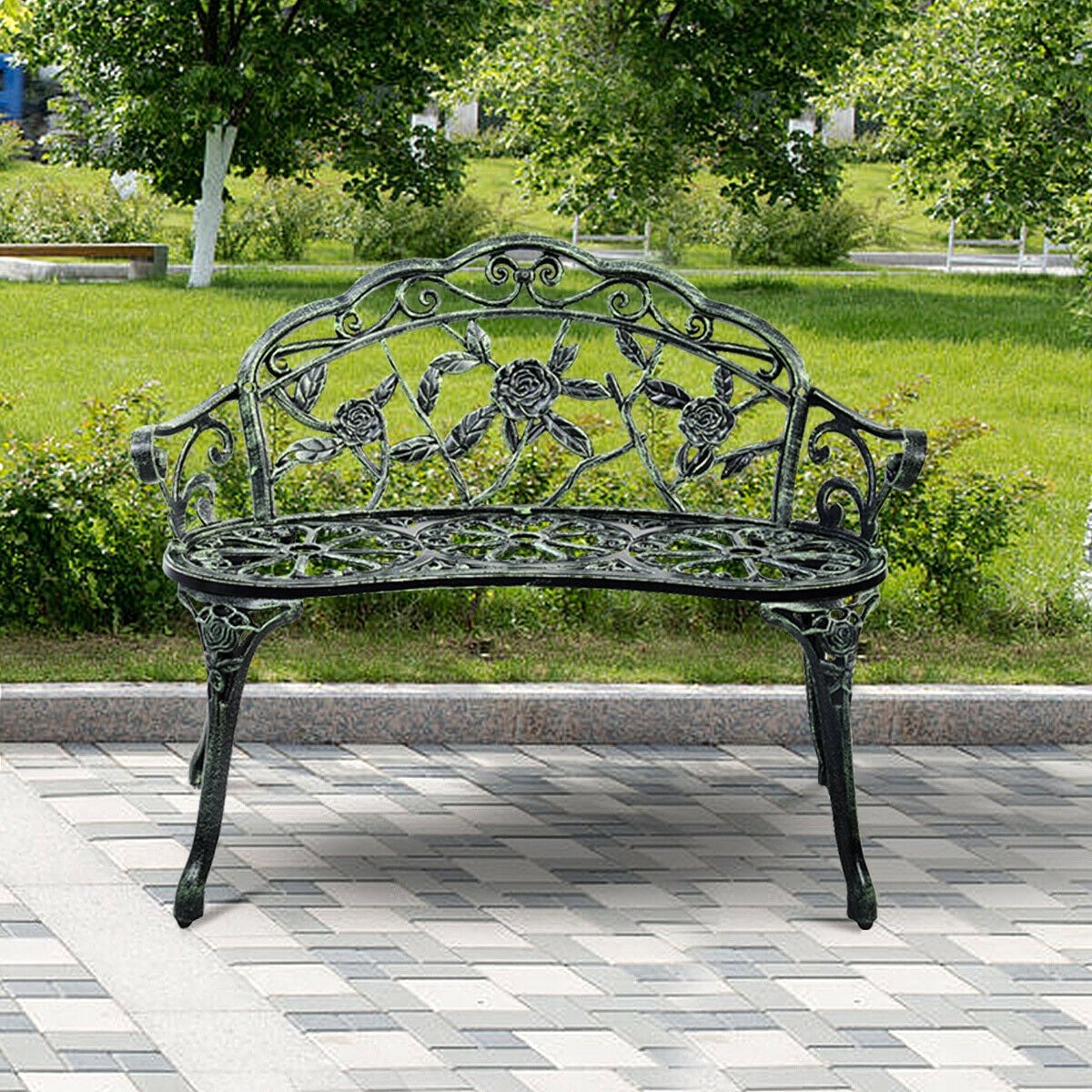 Outdoor Cast Aluminum Patio Bench Antique Rose, Green Outdoor Benches at Gallery Canada