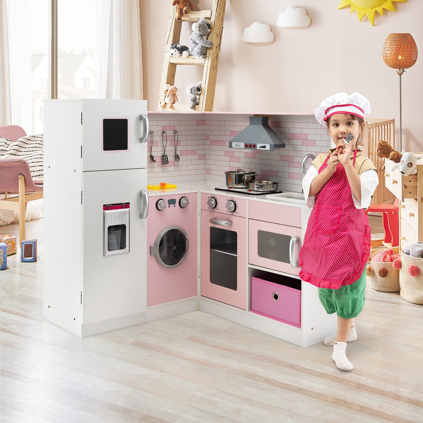 Corner Play Kitchen Wooden Toy Set, Pink Play Kitchen Sets at Gallery Canada