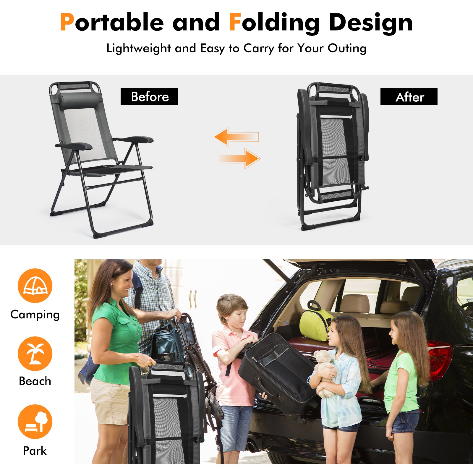 2 Piece Adjustable Folding Recliner Chairs, 7 Level Backrest, Gray Beach & Lawn Chairs at Gallery Canada