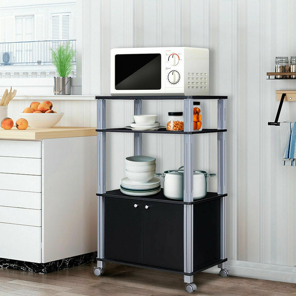 Microwave Rack Stand Rolling Storage Cart, Black Baker's Racks at Gallery Canada