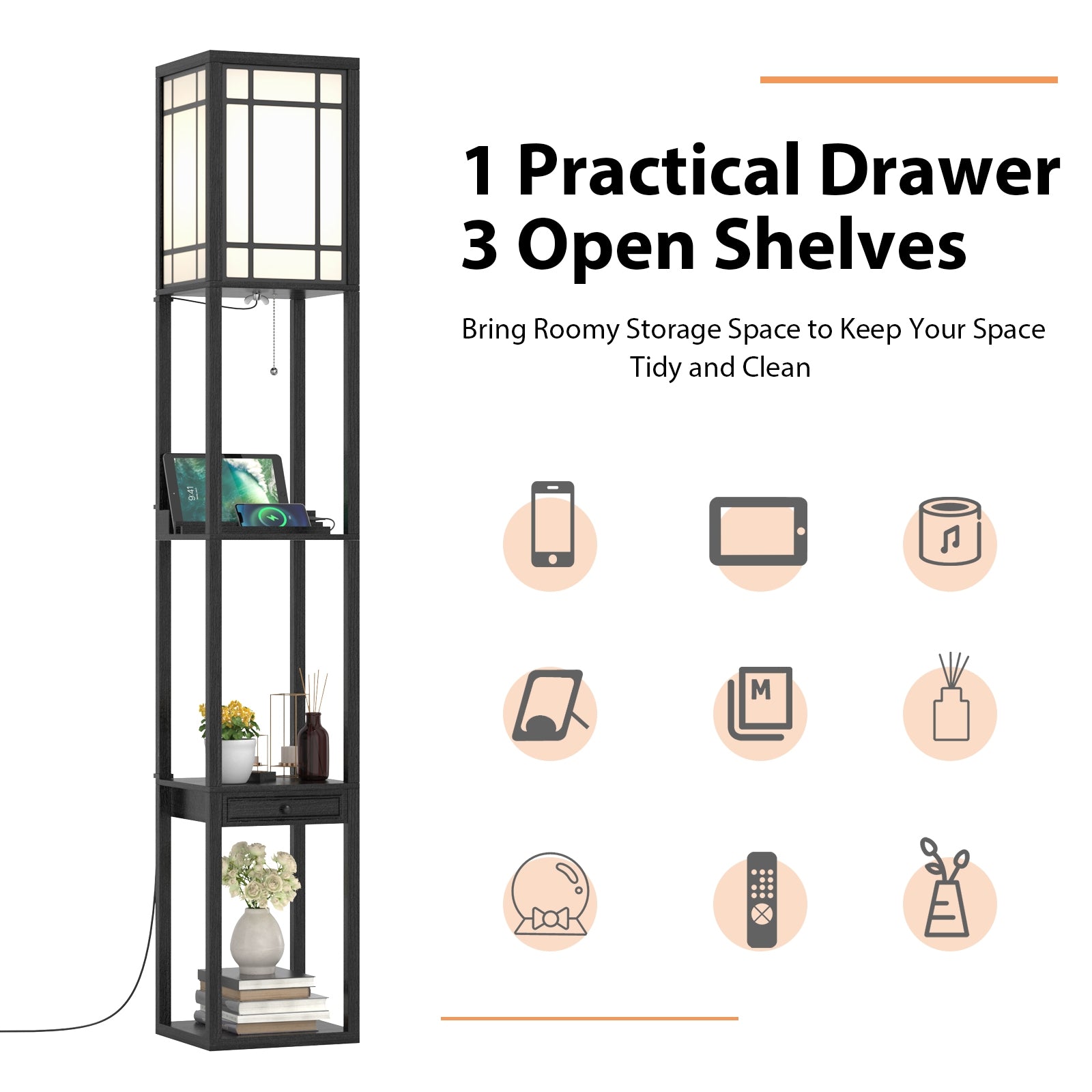 Modern Floor Lamp With Shelves And Drawer, Black Table & Floor Lamps at Gallery Canada