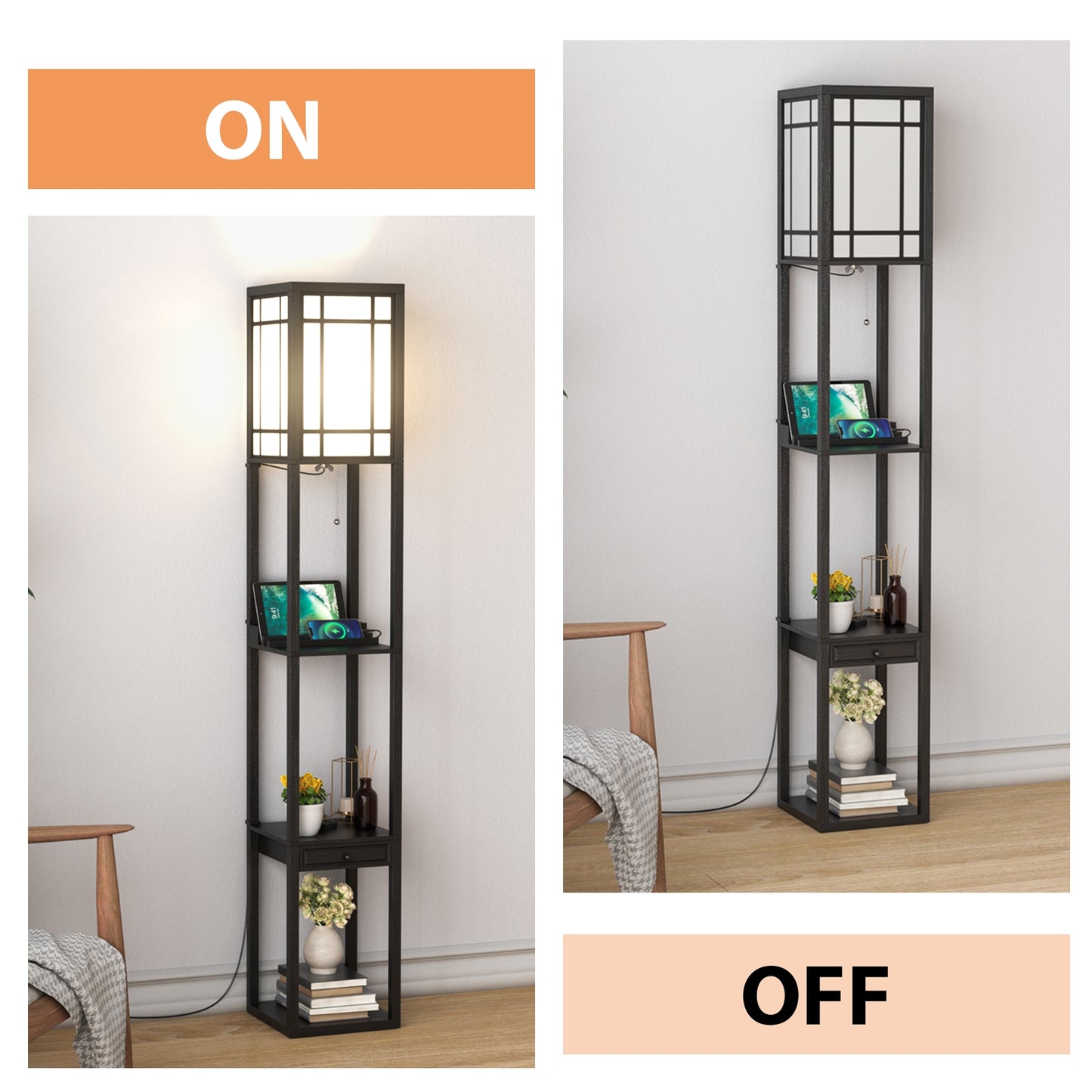 Modern Floor Lamp With Shelves And Drawer, Black Table & Floor Lamps at Gallery Canada