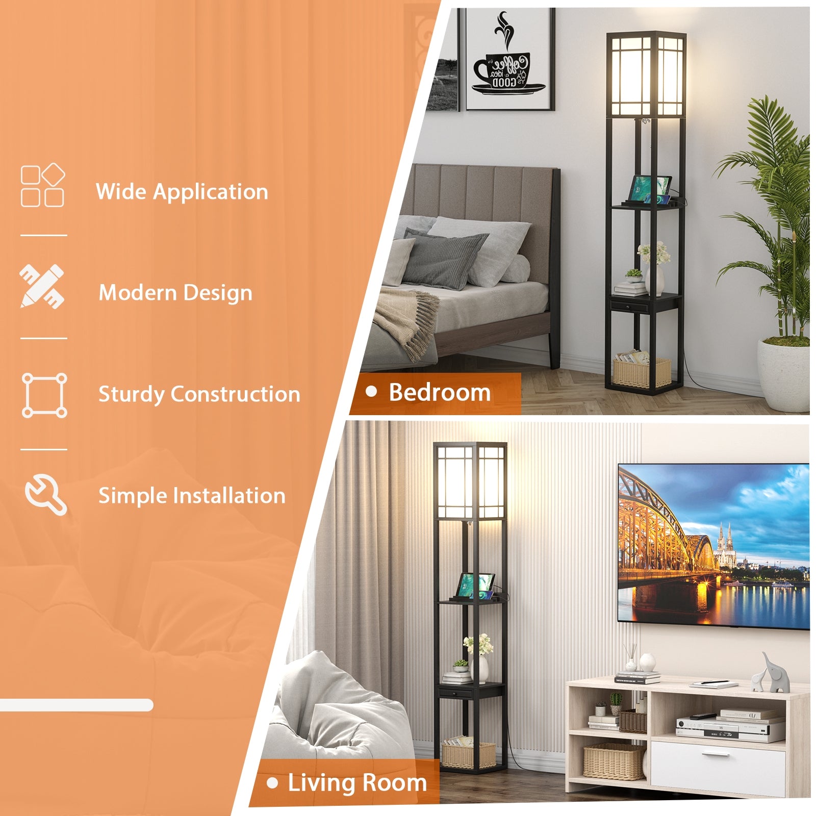 Modern Floor Lamp With Shelves And Drawer, Black Table & Floor Lamps at Gallery Canada