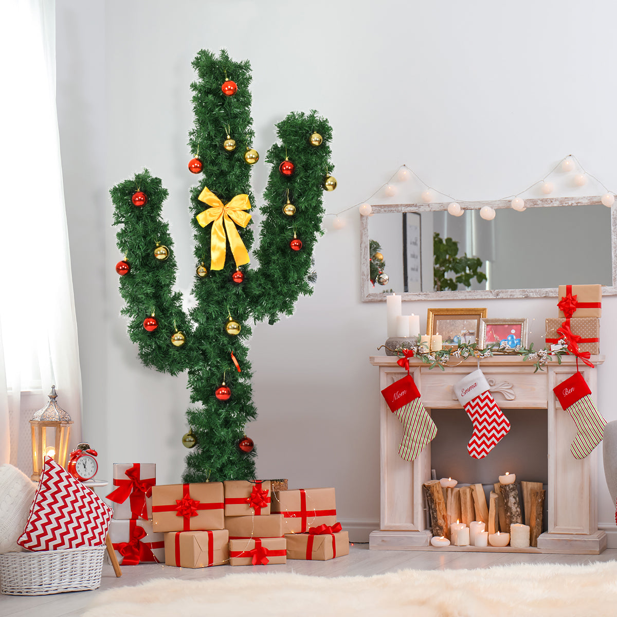 6 ft Artificial Cactus PVC Christmas Tree, LED Lights, Ball Ornaments, Green Christmas Tree at Gallery Canada