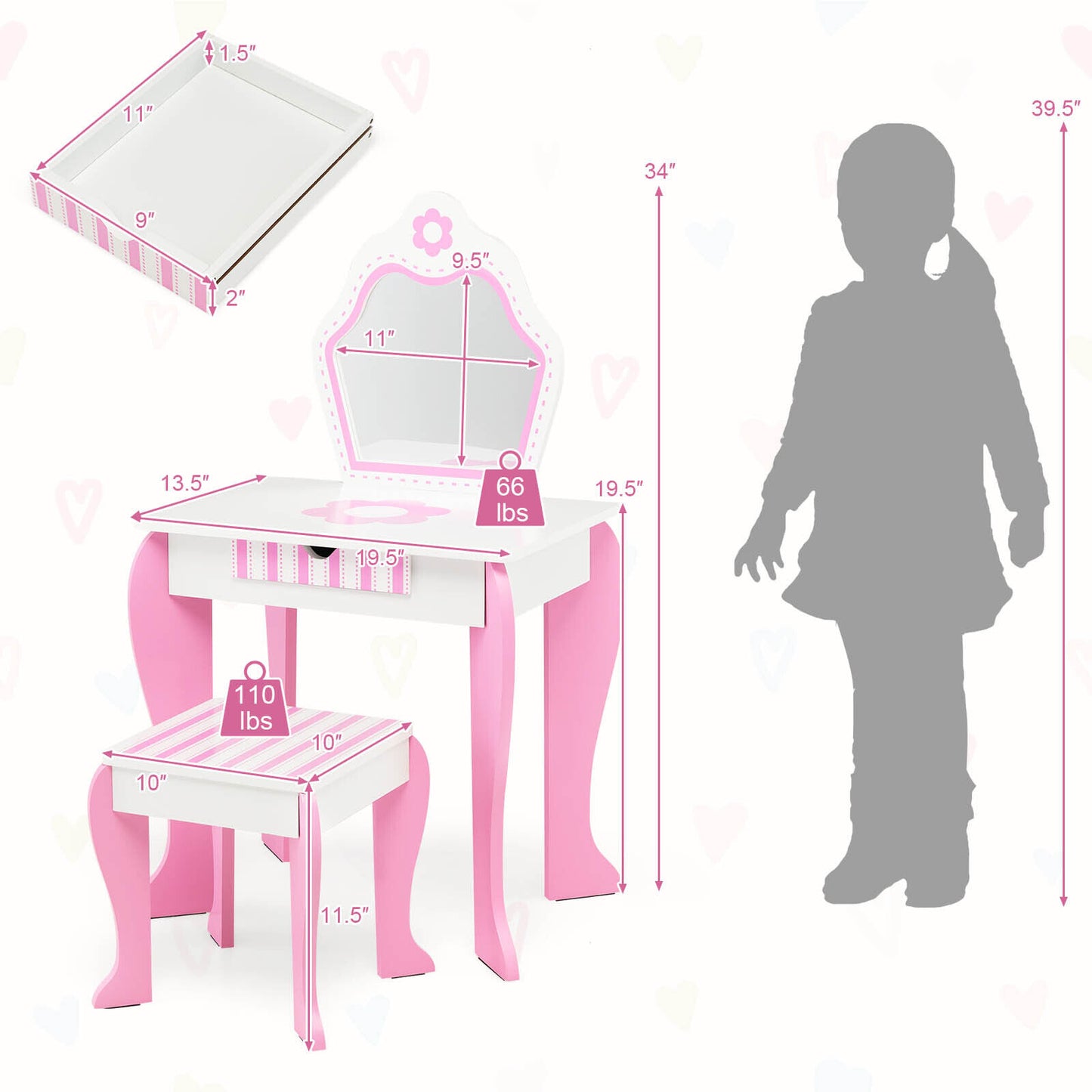 2-in-1 Toddler Vanity Set with Detachable Top and Cute Flower Patterns, White Kids Vanities at Gallery Canada