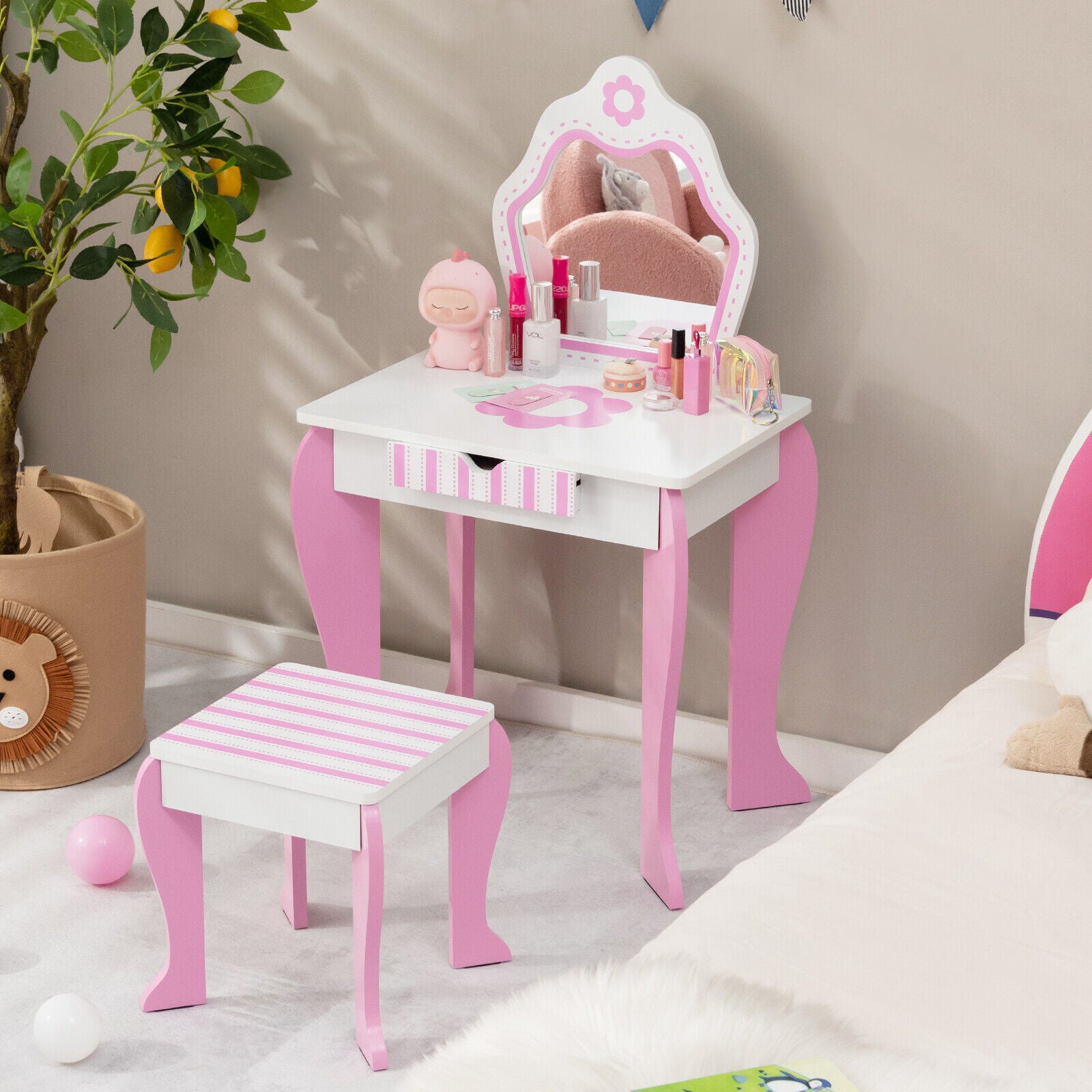 2-in-1 Toddler Vanity Set with Detachable Top and Cute Flower Patterns, White Kids Vanities at Gallery Canada