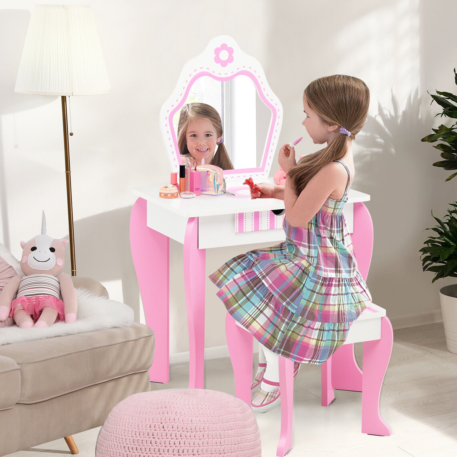 2-in-1 Toddler Vanity Set with Detachable Top and Cute Flower Patterns, White Kids Vanities at Gallery Canada