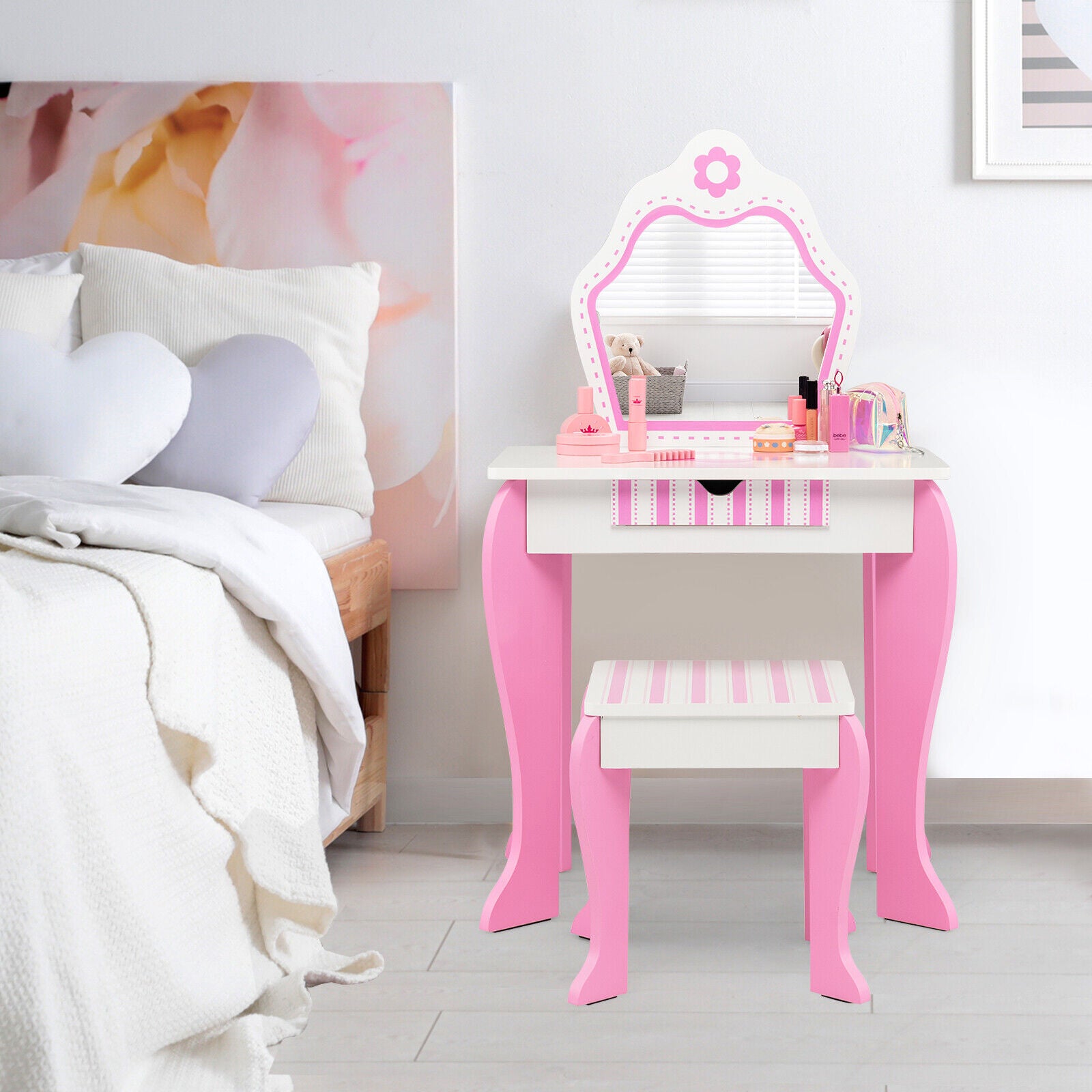 2-in-1 Toddler Vanity Set with Detachable Top and Cute Flower Patterns, White Kids Vanities at Gallery Canada