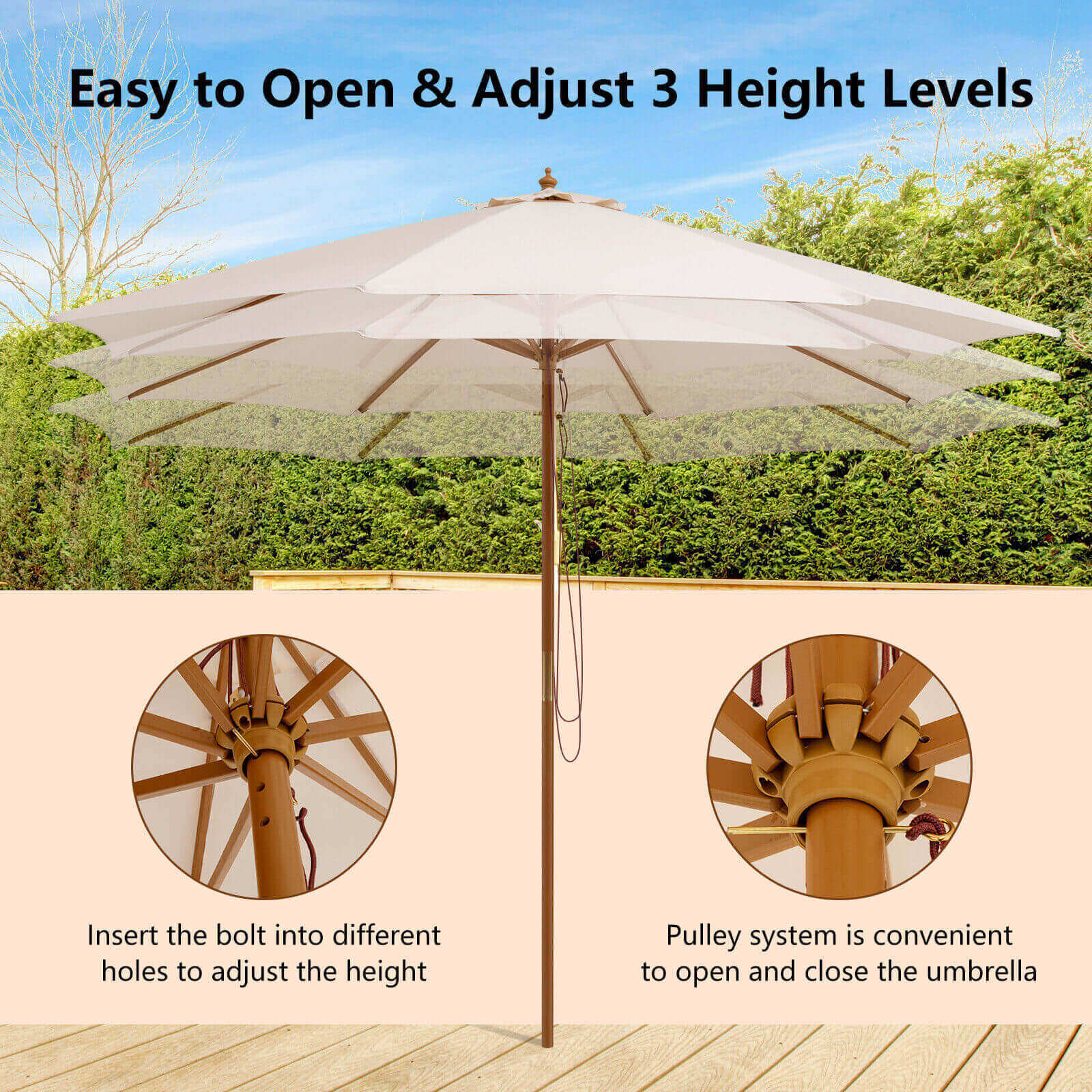 Adjustable 10 Feet Wooden Outdoor Umbrella, Beige Outdoor Umbrellas at Gallery Canada