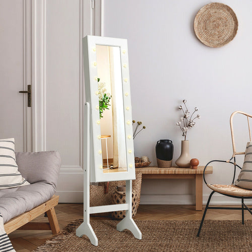 Mirrored Jewelry Cabinet Armoire Organizer With LED Lights, White