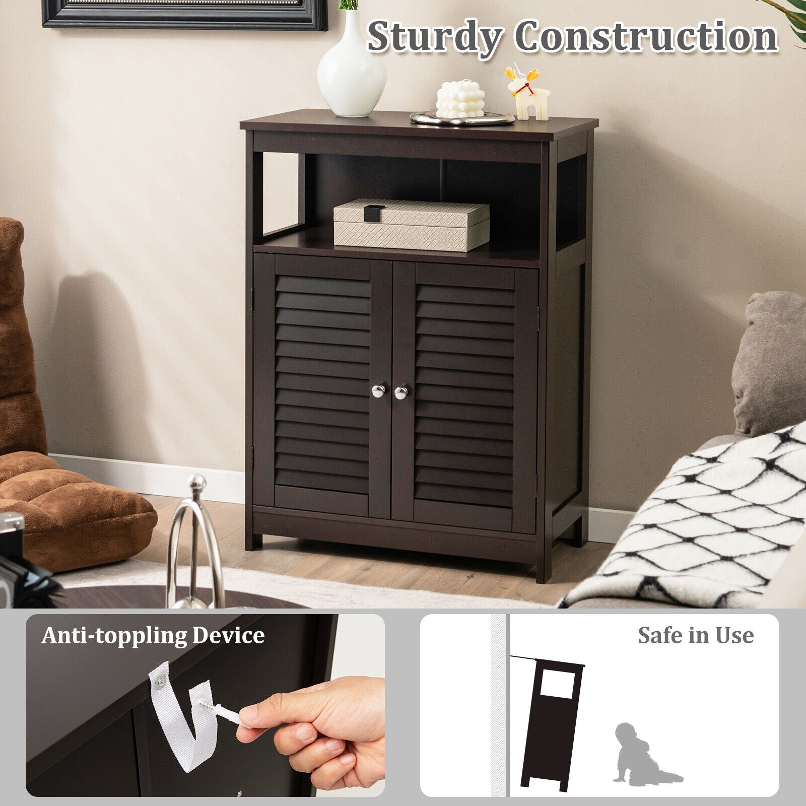 Wood Freestanding Bathroom Storage Cabinet, Double Shutter Door, Brown Floor Cabinets at Gallery Canada
