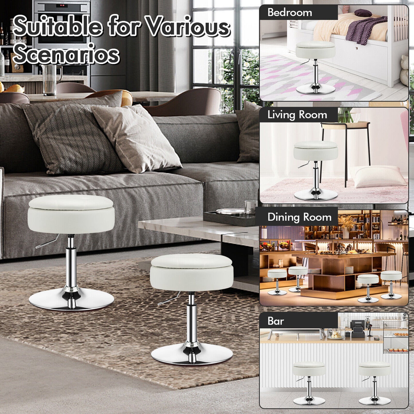 Adjustable 360° Swivel Vanity Stool With Removable Tray, White Ottomans at Gallery Canada