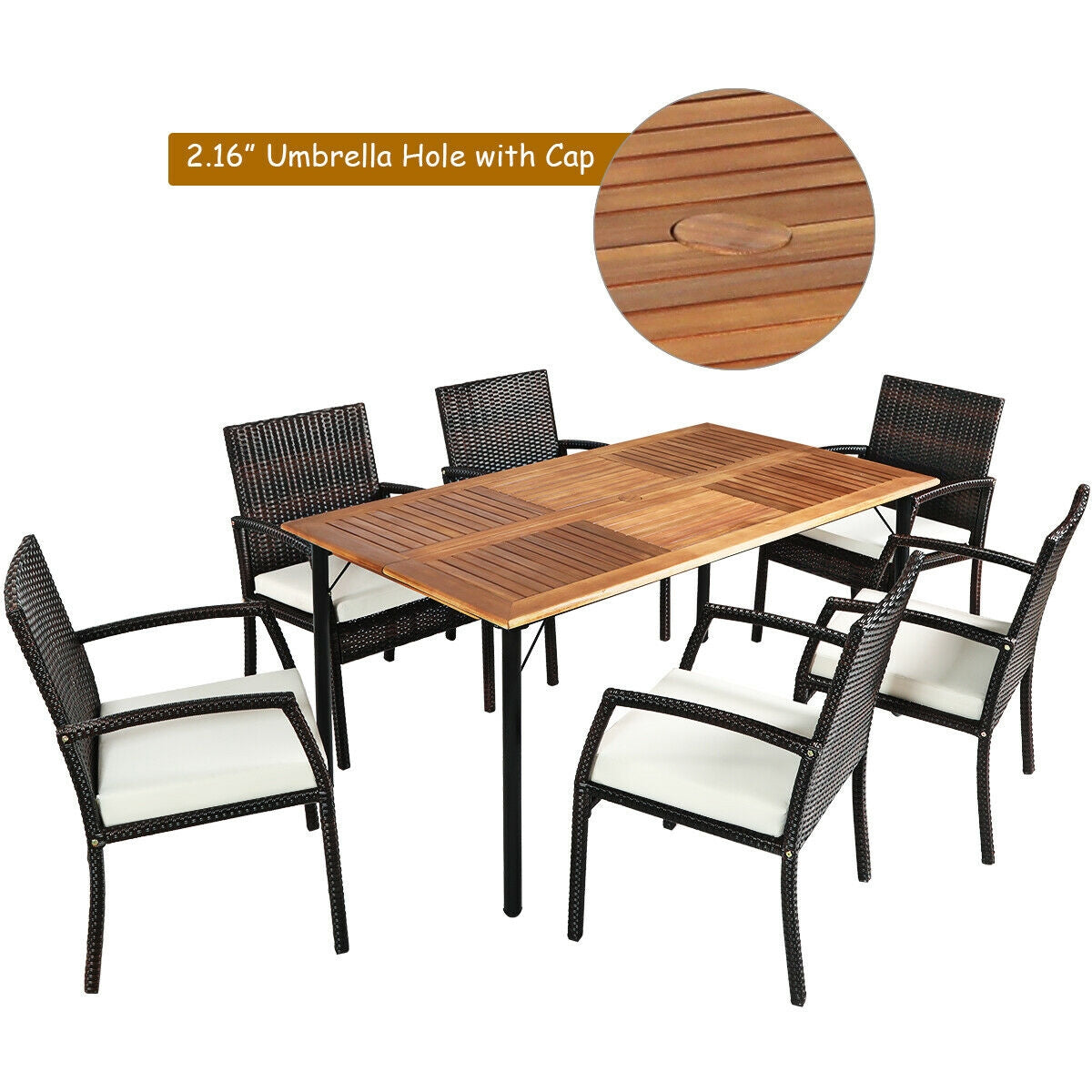 7Pcs Patio Rattan Dining Set, Cushioned, White, Warm White Patio Dining Sets at Gallery Canada