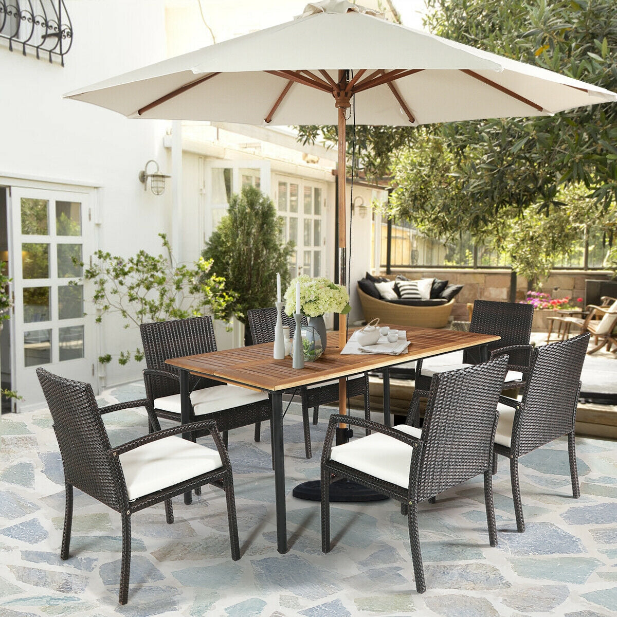 7Pcs Patio Rattan Dining Set, Cushioned, White, Warm White Patio Dining Sets at Gallery Canada