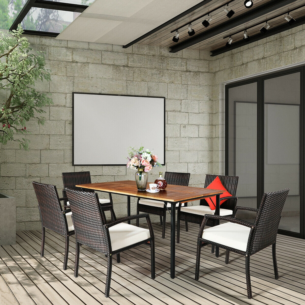 7Pcs Patio Rattan Dining Set, Cushioned, White, Warm White Patio Dining Sets at Gallery Canada