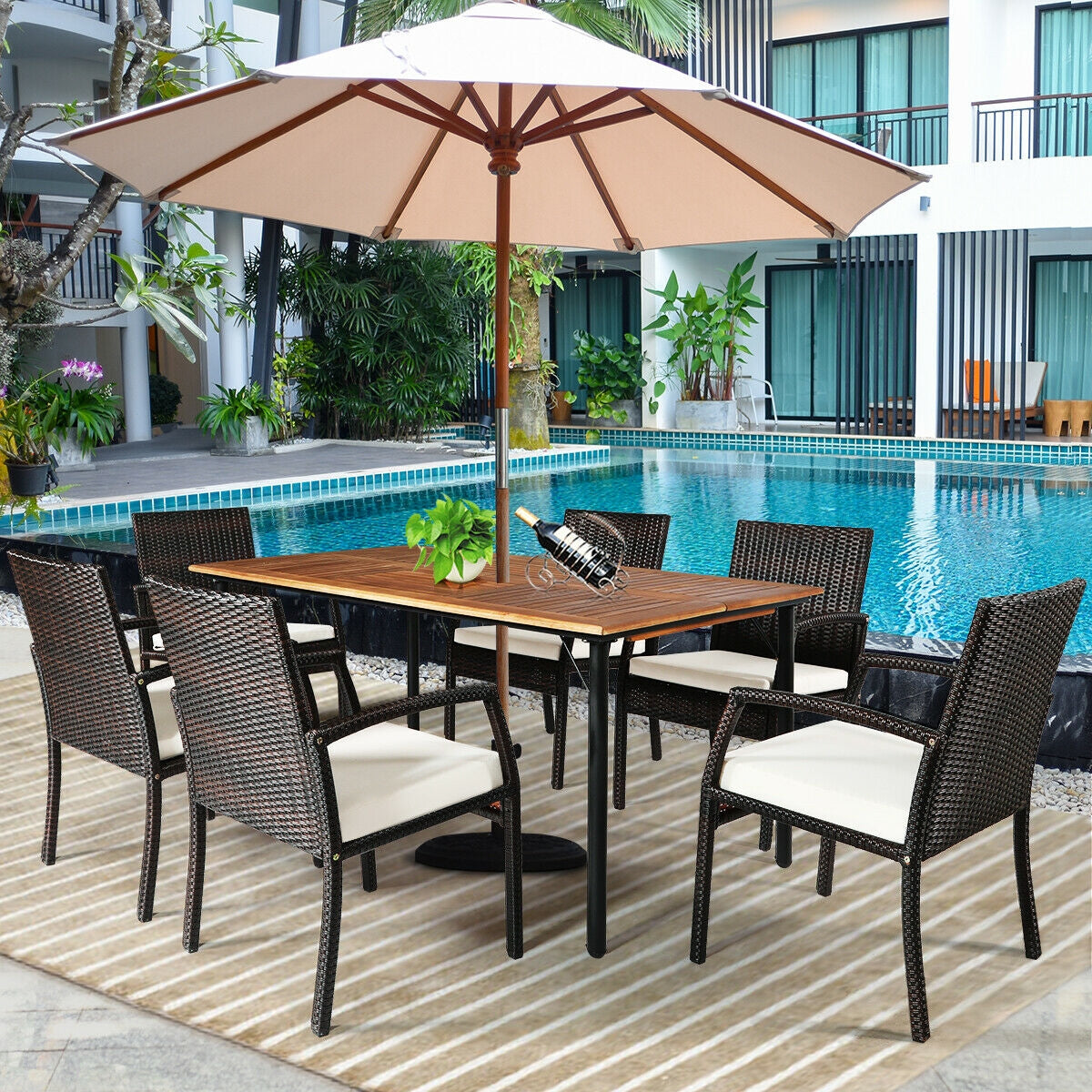 7Pcs Patio Rattan Dining Set, Cushioned, White, Warm White Patio Dining Sets at Gallery Canada