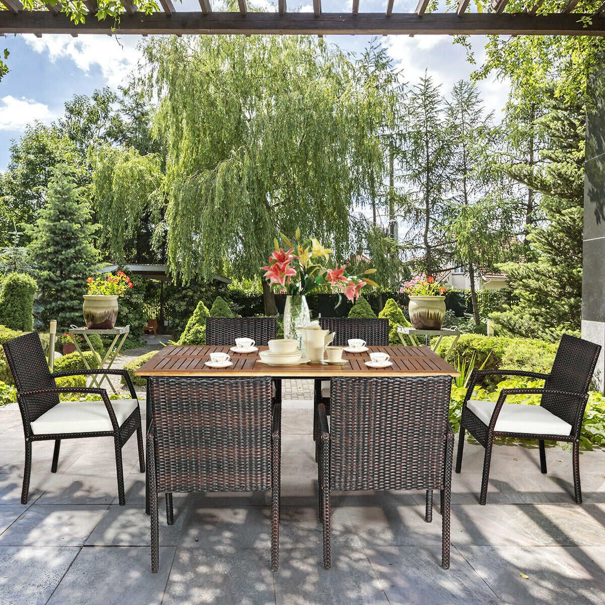 7Pcs Patio Rattan Dining Set, Cushioned, White, Warm White Patio Dining Sets at Gallery Canada
