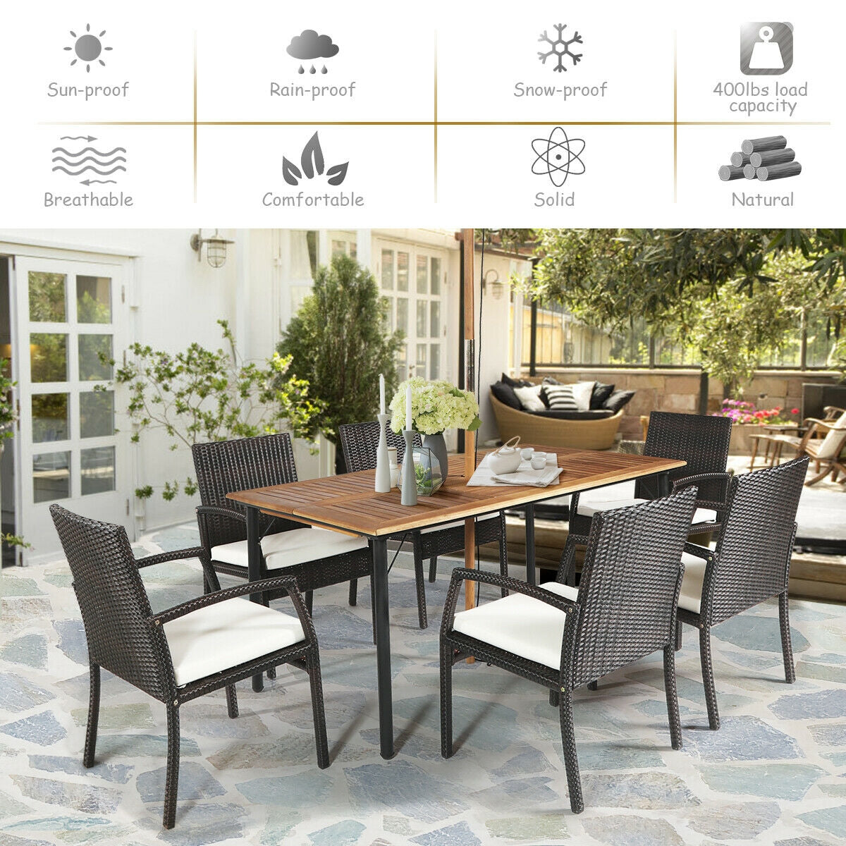 7Pcs Patio Rattan Dining Set, Cushioned, White, Warm White Patio Dining Sets at Gallery Canada