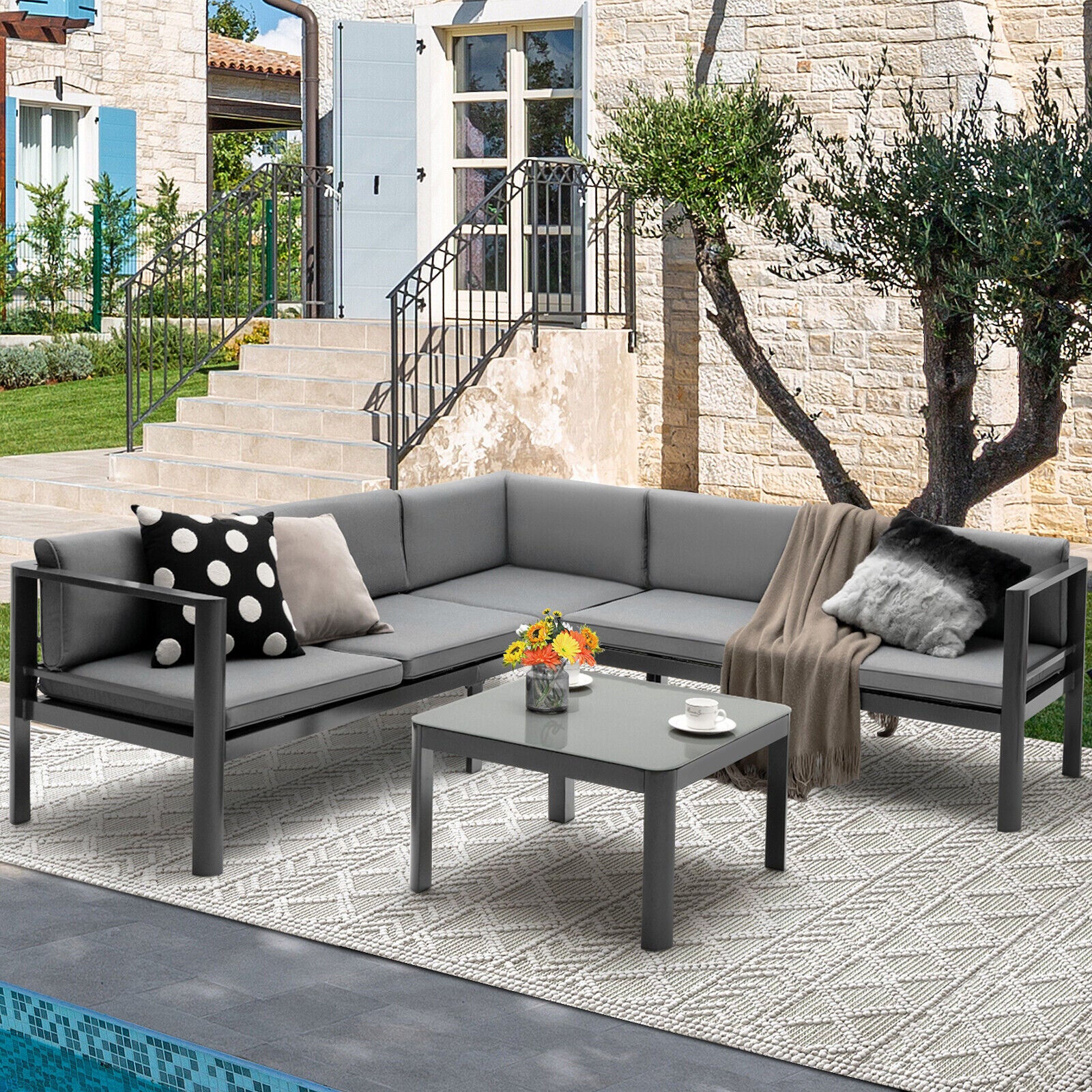 3-Piece Aluminum Patio Set, 6-Level Adjustable Backrest, Gray Outdoor Sectionals at Gallery Canada