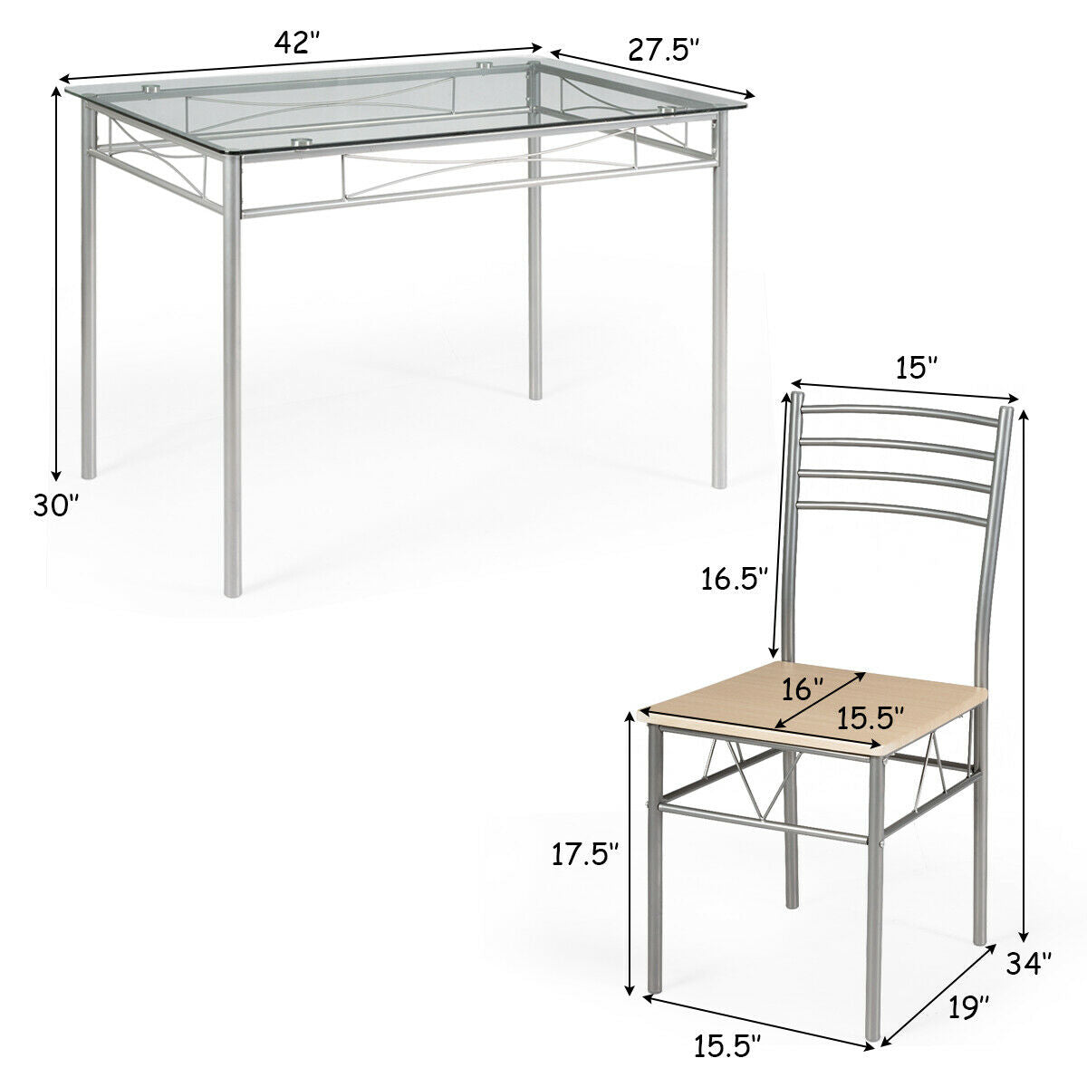 5 Piece Dining Set, Glass Table And 4 Chairs, Natural Dining Room Sets at Gallery Canada