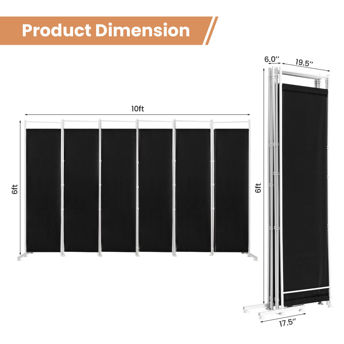6-Panel Folding Privacy Screen, Black Room Dividers at Gallery Canada