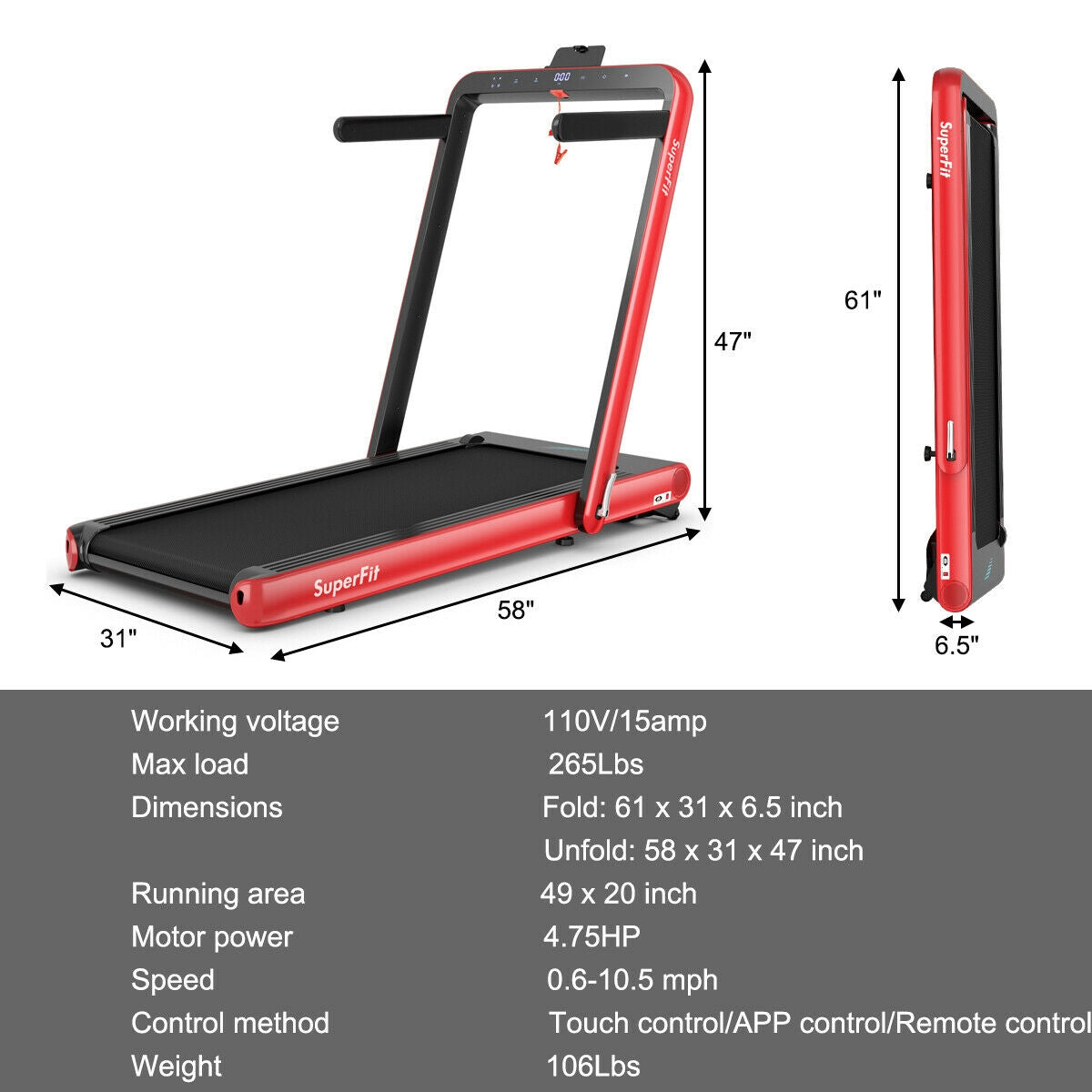 4.75HP 2 In 1 Folding Treadmill, Remote APP Control, Red Treadmills at Gallery Canada