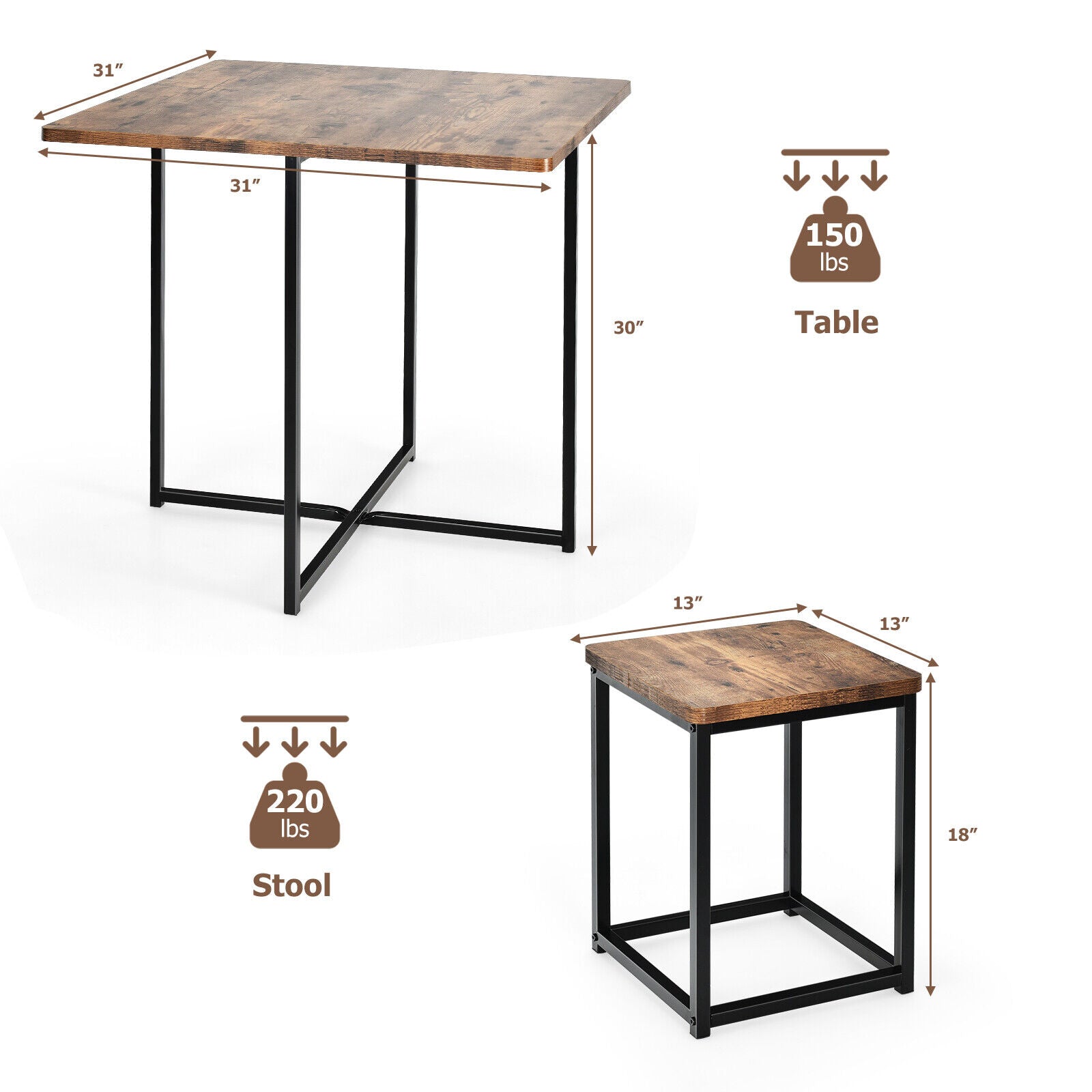5 Piece Metal Frame Dining Set, Compact Table And 4 Stools, Walnut Dining Room Sets at Gallery Canada