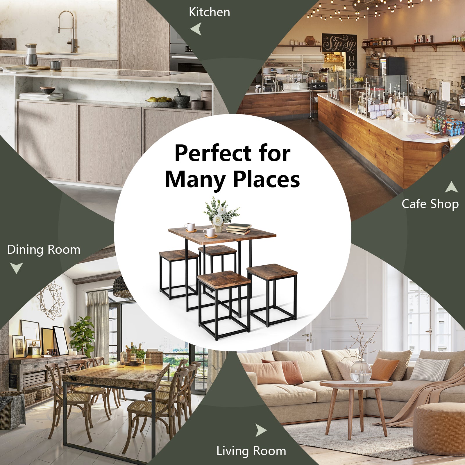 5 Piece Metal Frame Dining Set, Compact Table And 4 Stools, Walnut Dining Room Sets at Gallery Canada