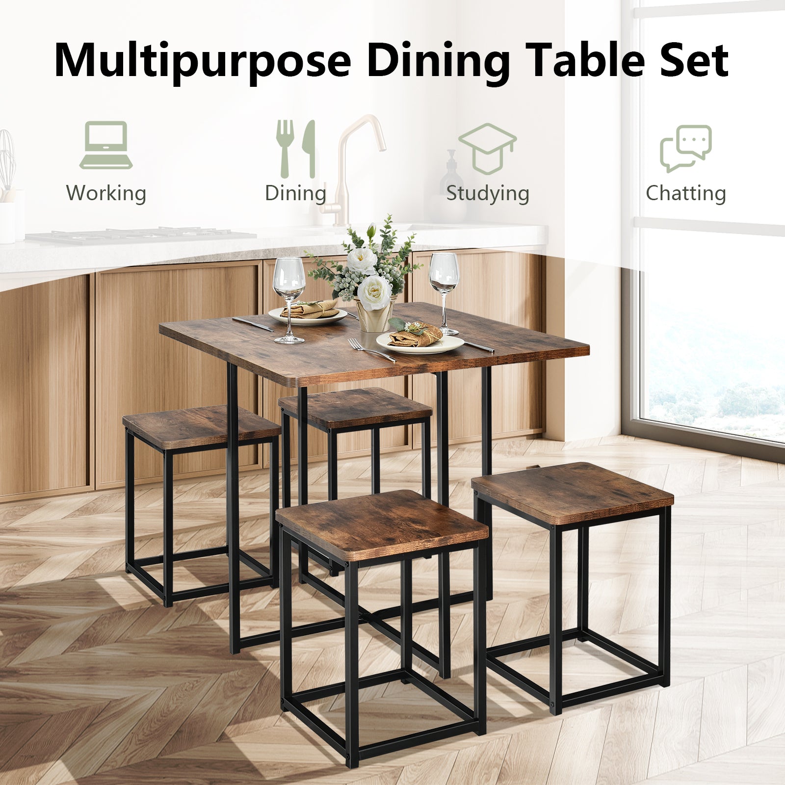5 Piece Metal Frame Dining Set, Compact Table And 4 Stools, Walnut Dining Room Sets at Gallery Canada