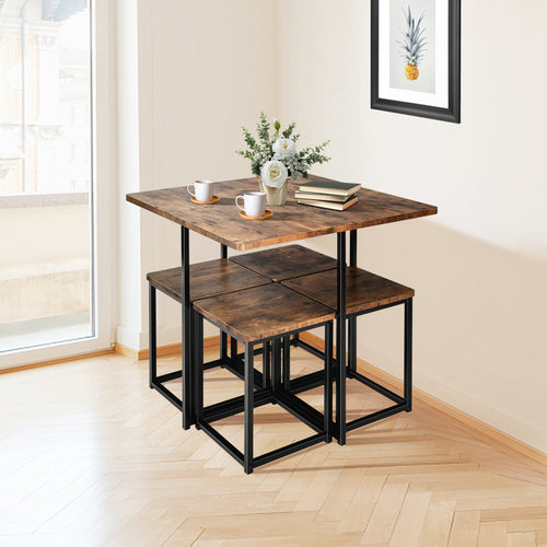 5 Piece Metal Frame Dining Set, Compact Table And 4 Stools, Walnut