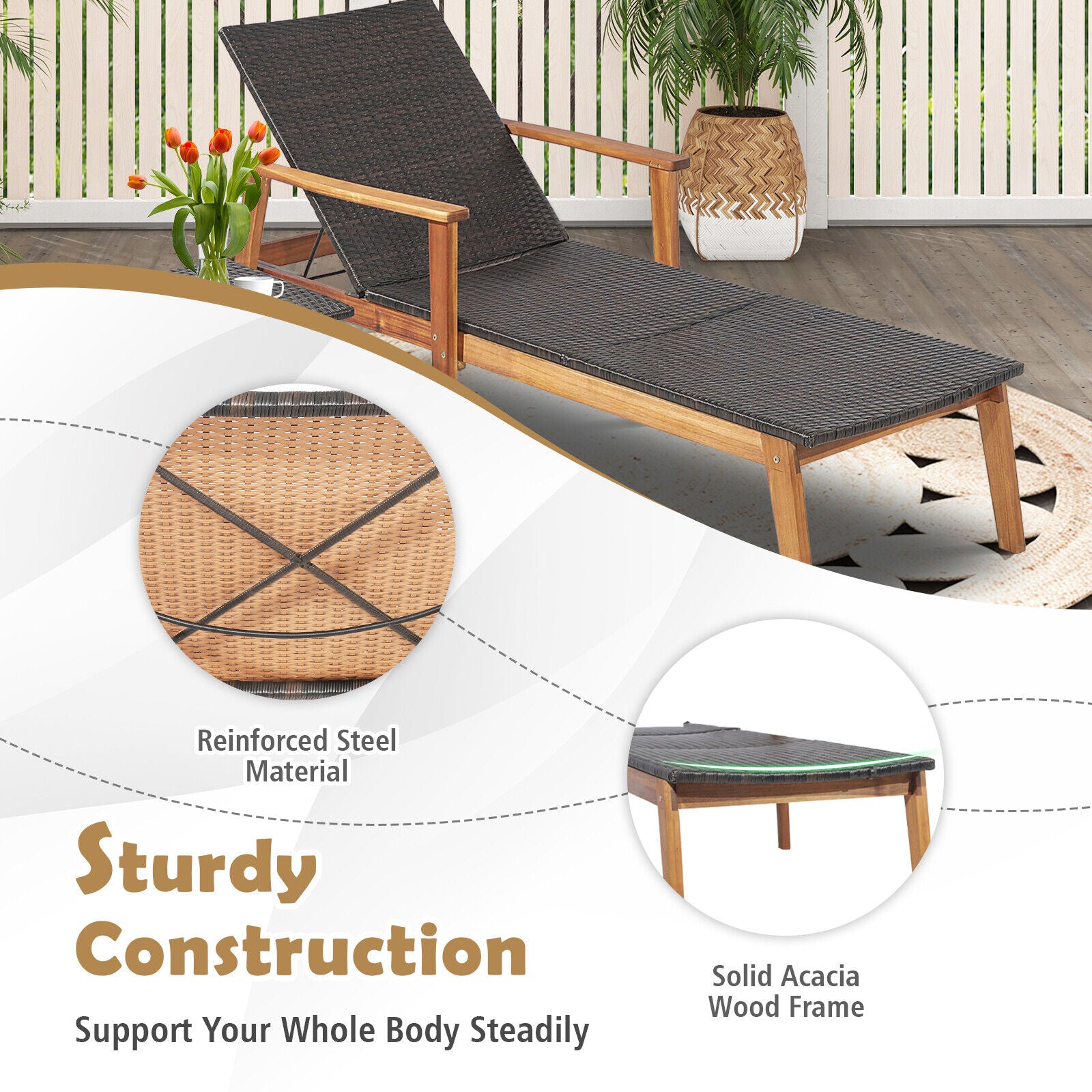 Patio Chaise Lounge and Table Set with 4-Level Adjustable Backrest, Brown Outdoor Chaise Lounges at Gallery Canada