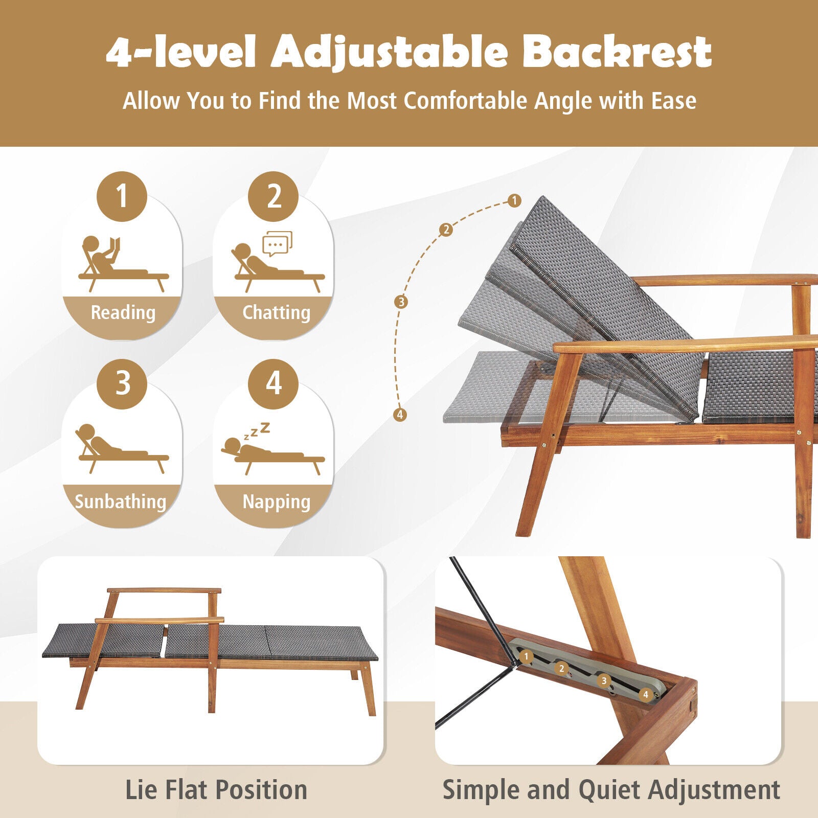 Patio Chaise Lounge and Table Set with 4-Level Adjustable Backrest, Brown Outdoor Chaise Lounges at Gallery Canada