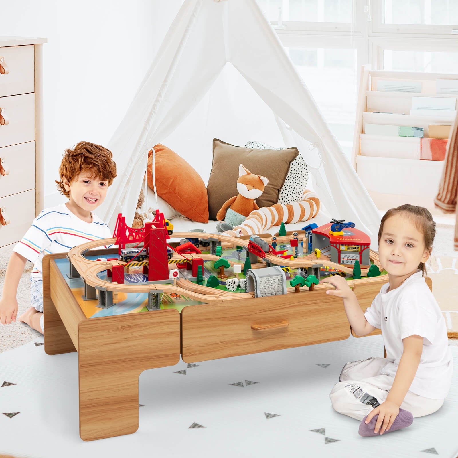 100-Piece Wooden Train Set Table With Storage Drawer, Natural Learning Toys at Gallery Canada