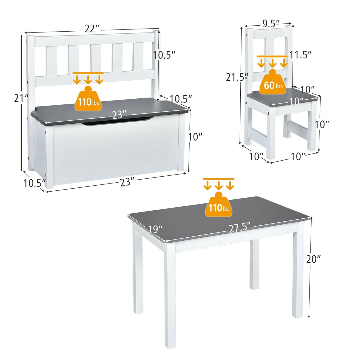 Kids Wooden Activity Table And Chairs Set, 4 Pieces, Gray Kids Table & Chair Sets at Gallery Canada