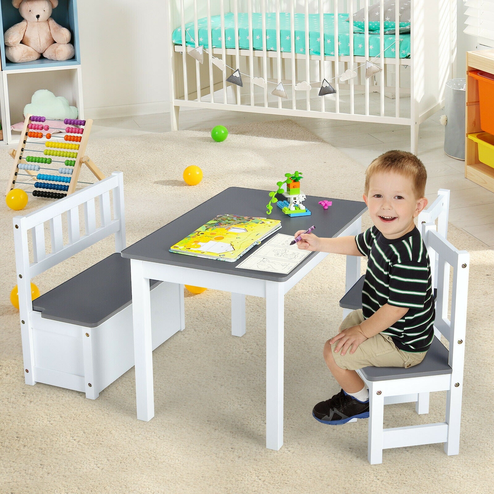 Kids Wooden Activity Table And Chairs Set, 4 Pieces, Gray Kids Table & Chair Sets at Gallery Canada