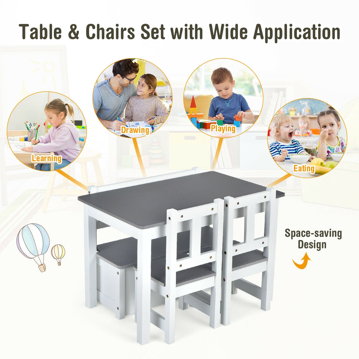 Kids Wooden Activity Table And Chairs Set, 4 Pieces, Gray Kids Table & Chair Sets at Gallery Canada