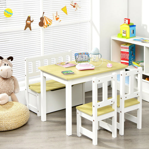 Kids Wooden Activity Table, Chairs Set, Storage Bench, Study Desk, Natural