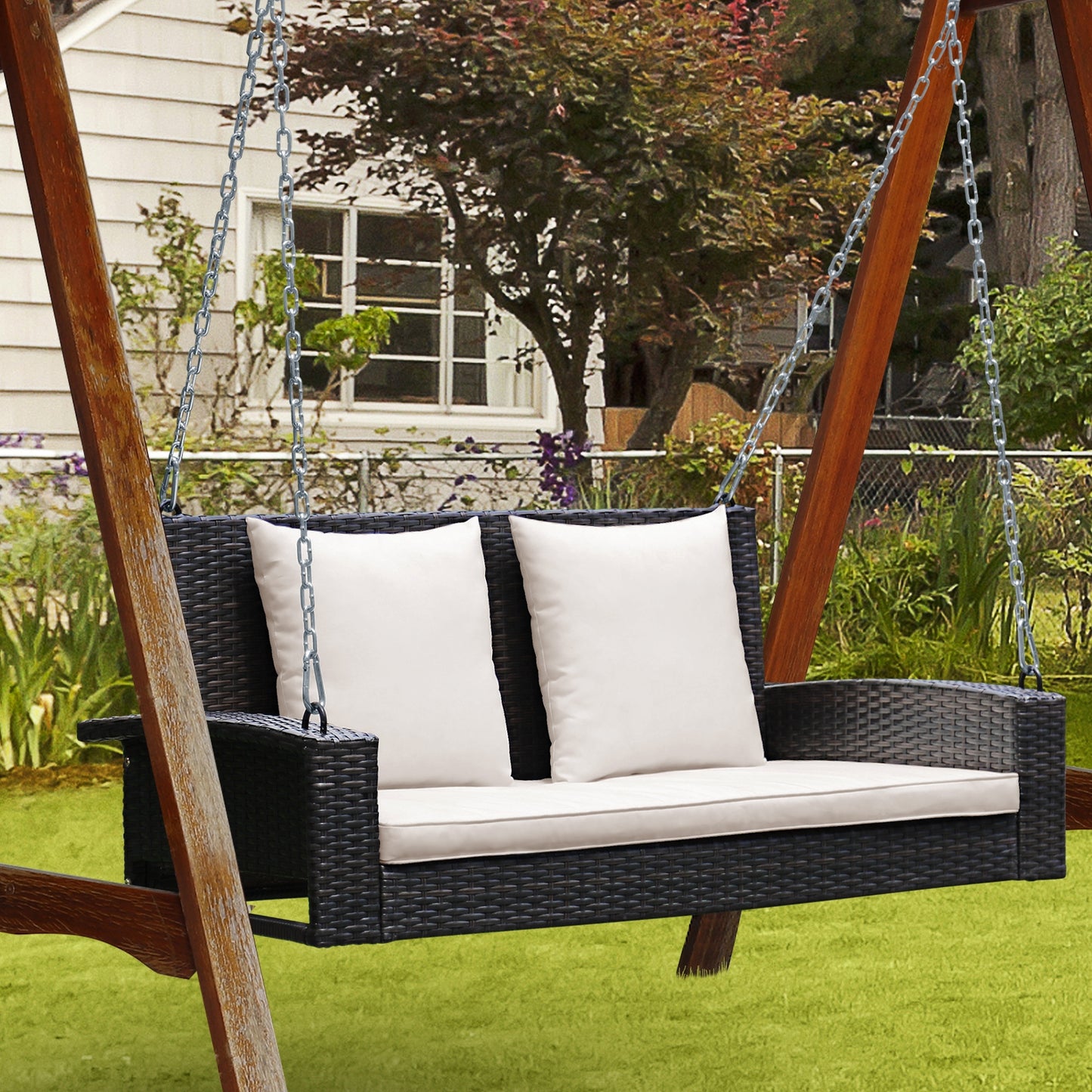 2-Person Patio Rattan Swing With Cushions, White Porch Swings at Gallery Canada