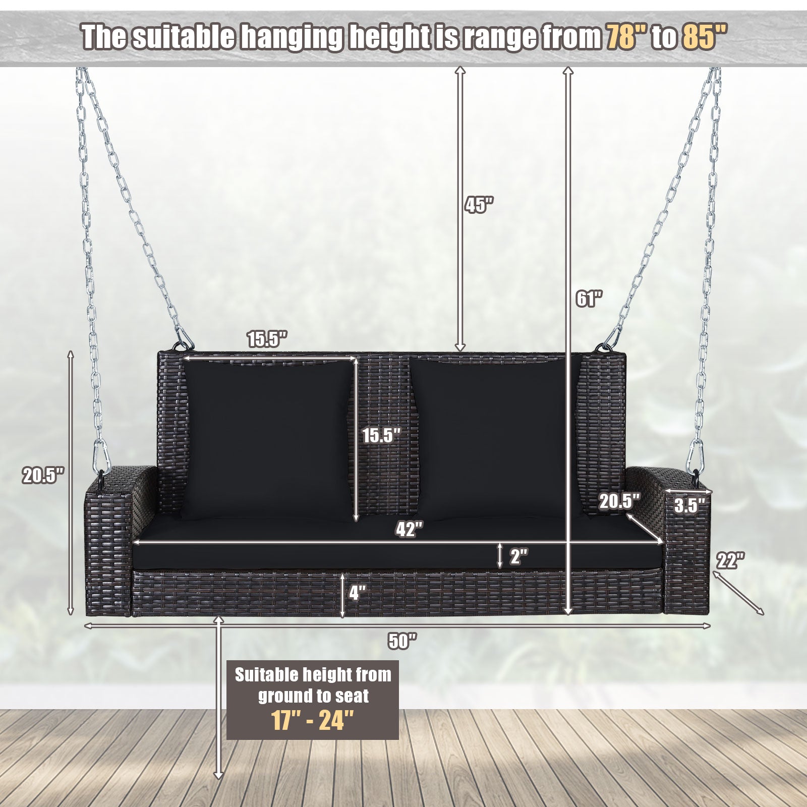 2-Person Patio Rattan Swing With Cushions, Black Porch Swings at Gallery Canada