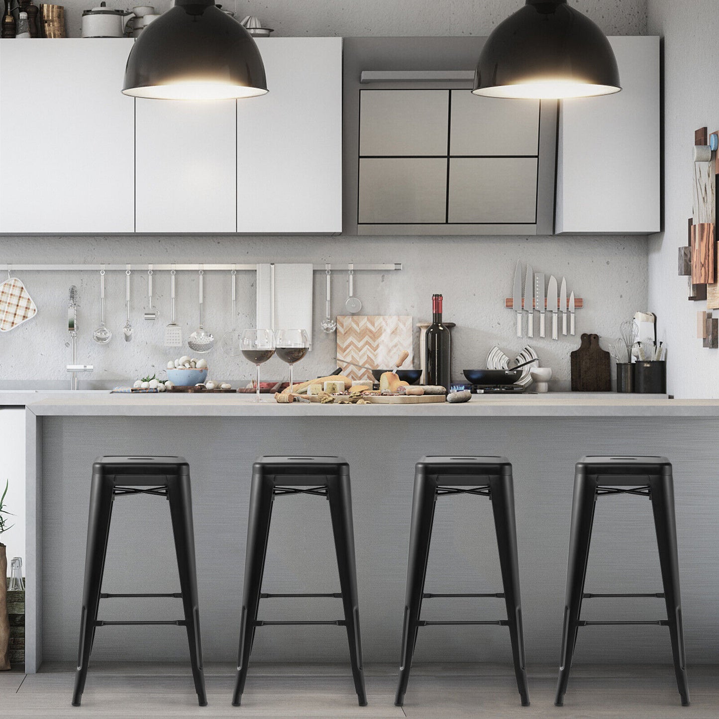 30 Inch Bar Stools Set of 4 with Square Seat and Handling Hole, Black Bar Stools at Gallery Canada