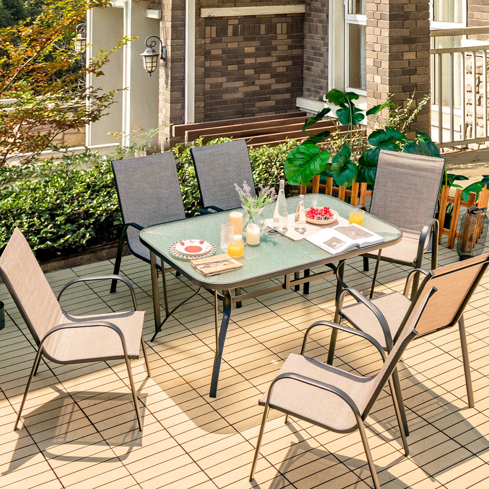 7-Piece Patio Dining Set, 6 Stackable Chairs, Brown Patio Dining Sets at Gallery Canada