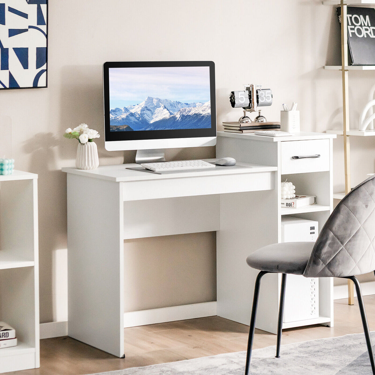 Computer Desk With Drawer And Shelf, White Computer Desks at Gallery Canada