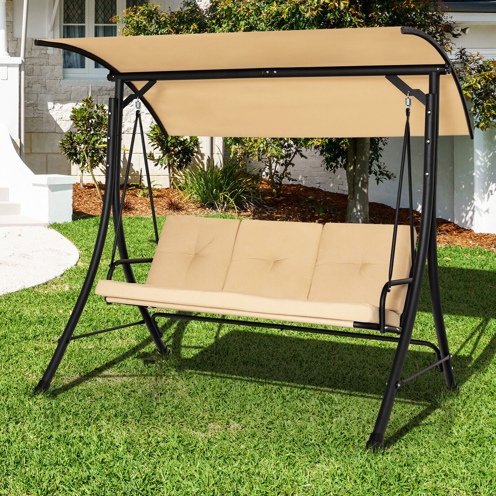 3-Seat Outdoor Porch Swing, Adjustable Canopy, Padded Cushions, Beige Porch Swings at Gallery Canada