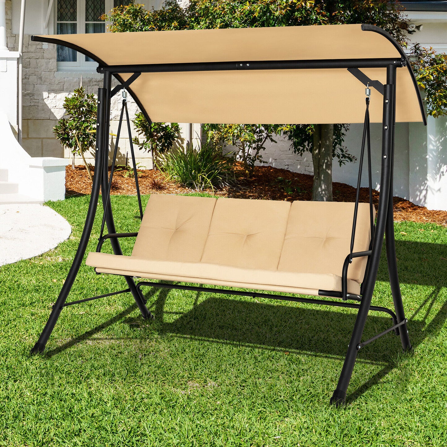 3-Seat Outdoor Porch Swing, Adjustable Canopy, Padded Cushions, Beige Porch Swings at Gallery Canada
