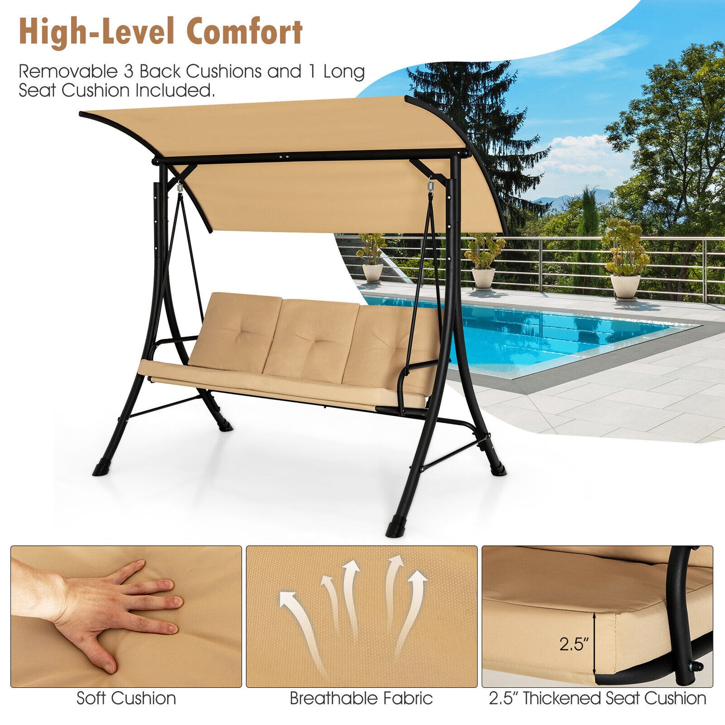3-Seat Outdoor Porch Swing, Adjustable Canopy, Padded Cushions, Beige Porch Swings at Gallery Canada