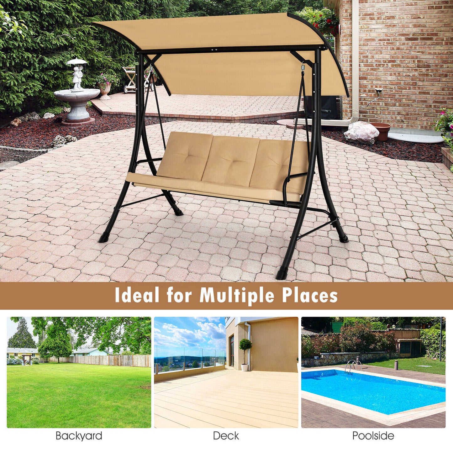 3-Seat Outdoor Porch Swing, Adjustable Canopy, Padded Cushions, Beige Porch Swings at Gallery Canada
